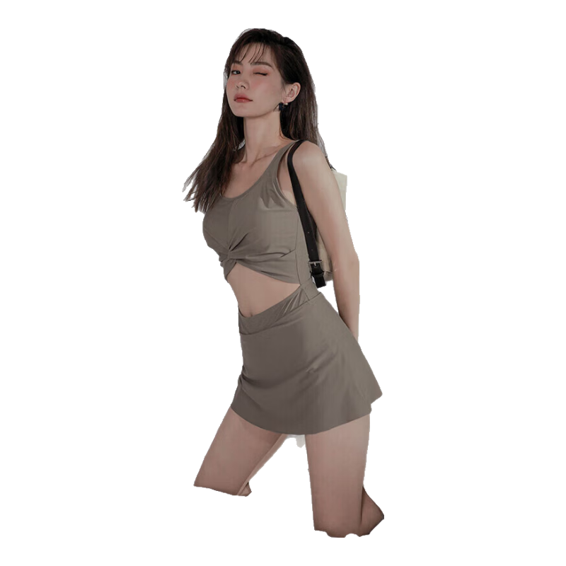 OMOM泳衣女夏連體遮肚顯瘦保守性感泳裝裙式仙女范ins風(fēng)泡溫泉游泳衣 咖色 L