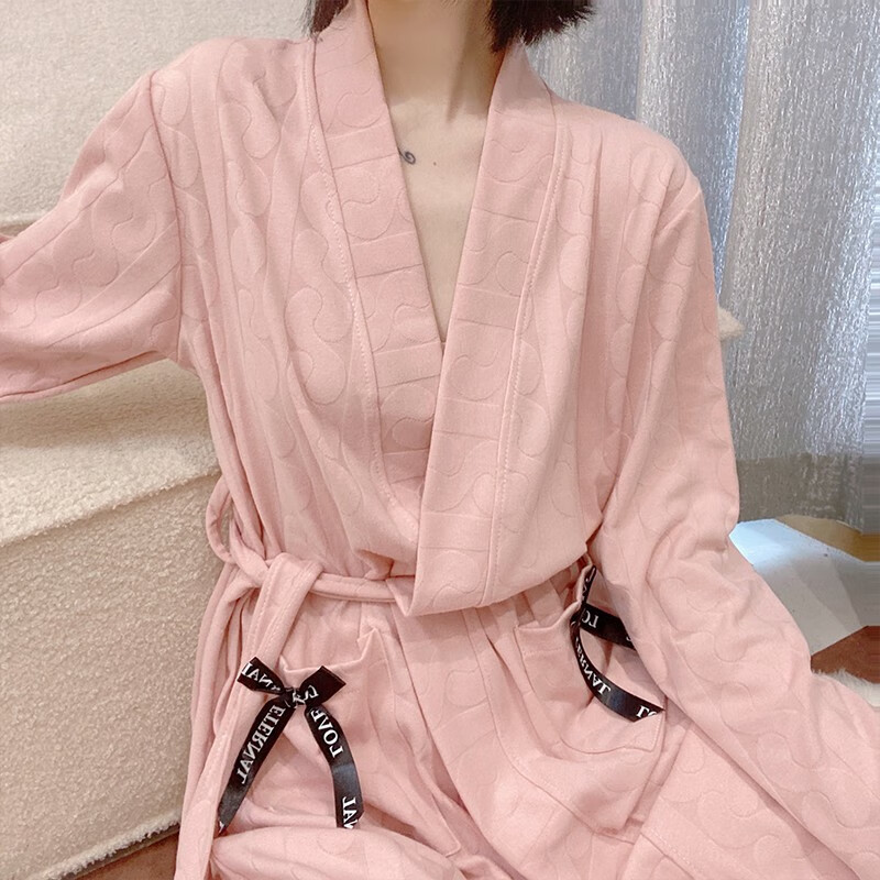 龙玪浴衣睡袍女春秋长款棉质浴袍晨袍新娘提花睡衣裙子粉色系家居服