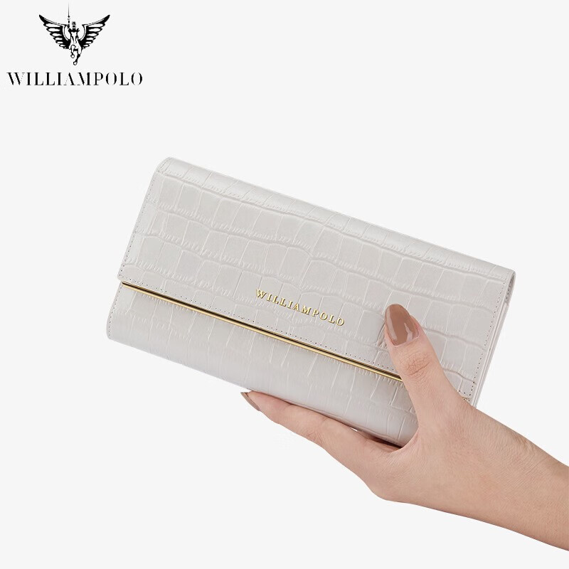 polo英皇保罗女士钱包长款头层牛皮鳄鱼纹高端钱包手拿包女款 白色