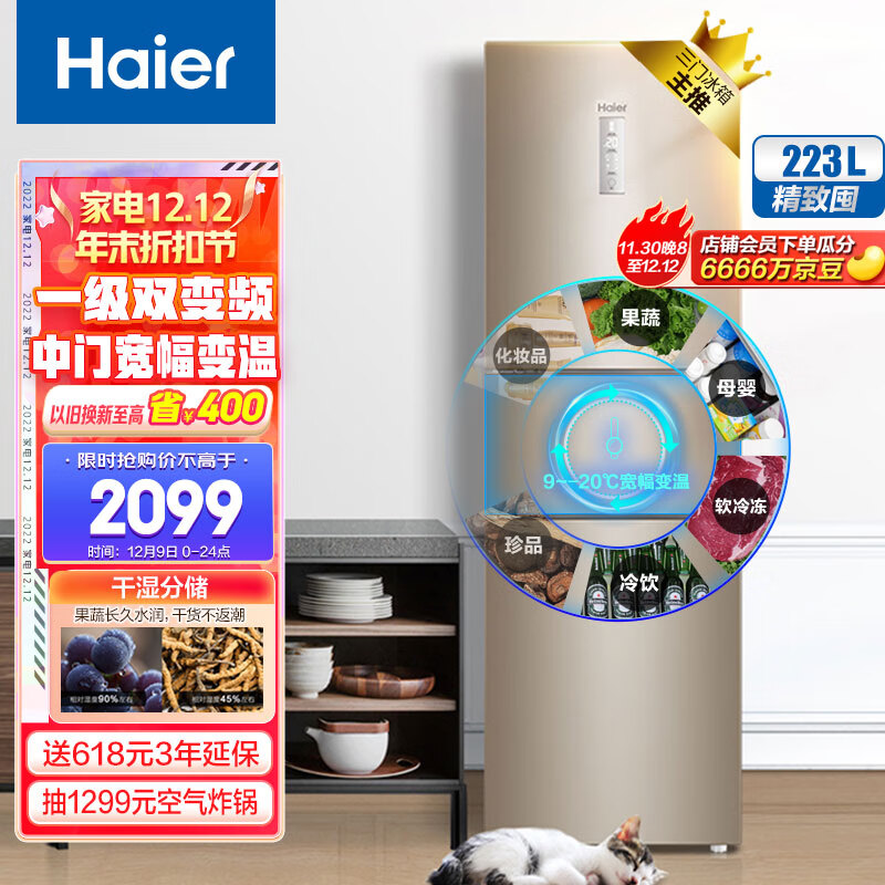 海尔 (Haier )223升变频风冷无霜三门小型家用电冰箱一级能效干湿分储中门全变温宿舍租房节能BCD-223WDPT
