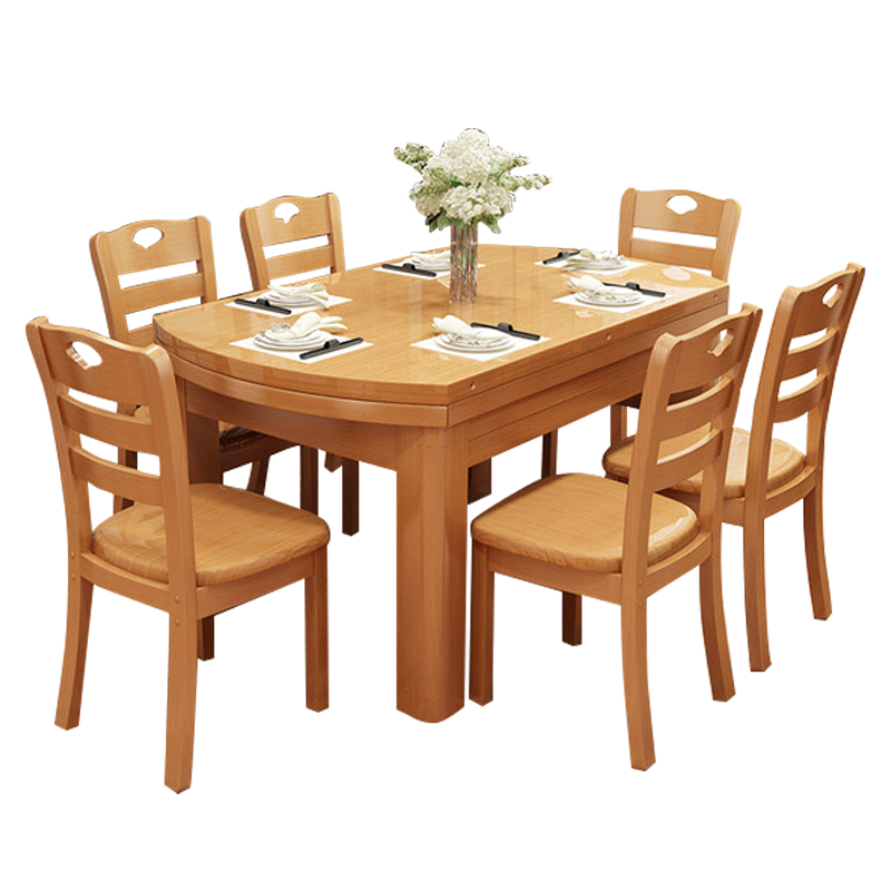 奈高 实木餐桌椅简约现代两用可伸缩折叠圆桌多功能饭桌1.38米1桌6椅