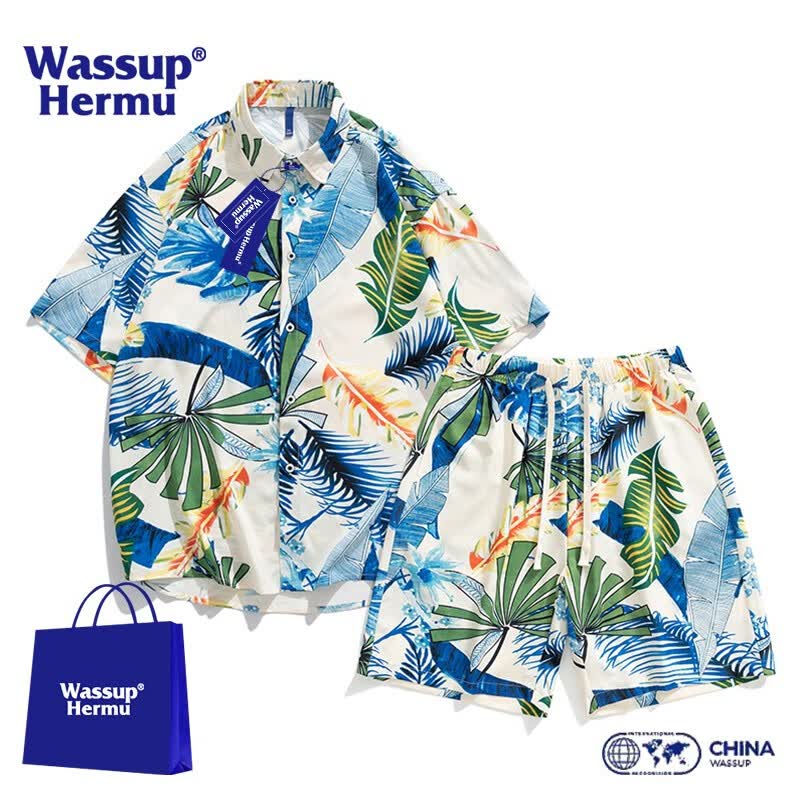 WASSUP HERMU官方男装潮流沙滩短裤衬衫两件套宽松舒适碎花花裤衩青年情侣套装 蓝色 3XL怎么看?