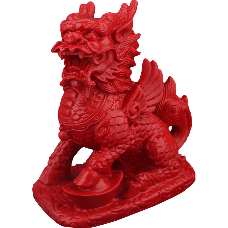 菩香阁 朱砂中国红麒麟摆件飞天火麒麟摆台 家居摆饰办公桌车内饰品