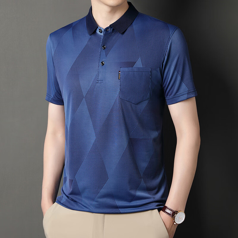 t恤夏季宽松冰丝翻领中老年男士爸爸翻领衫男装上衣爸爸 上青品牌旗舰