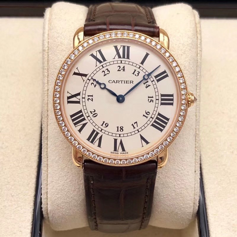 卡地亚男表wr000651自动机械外圈镶钻36mm18k玫瑰金奢侈品皮带手表