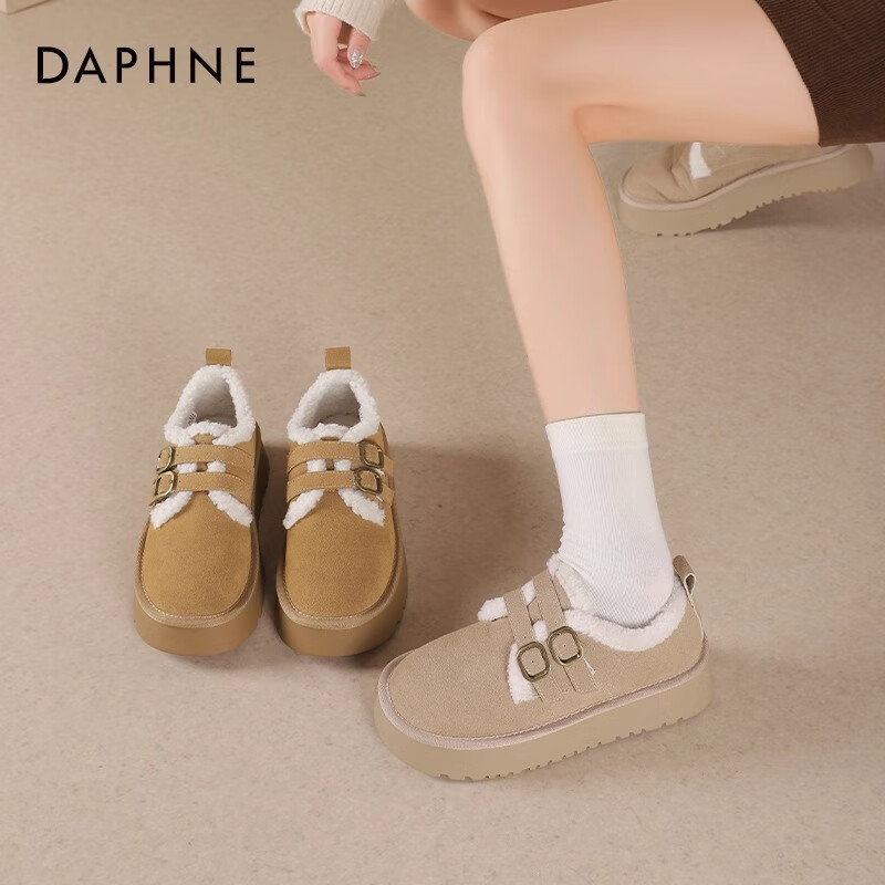 达芙妮加绒勃肯鞋女秋冬2025新款厚底增高保暖棉鞋松糕复古雪地靴女LP 卡其色【双排扣-跟高4cm】 40