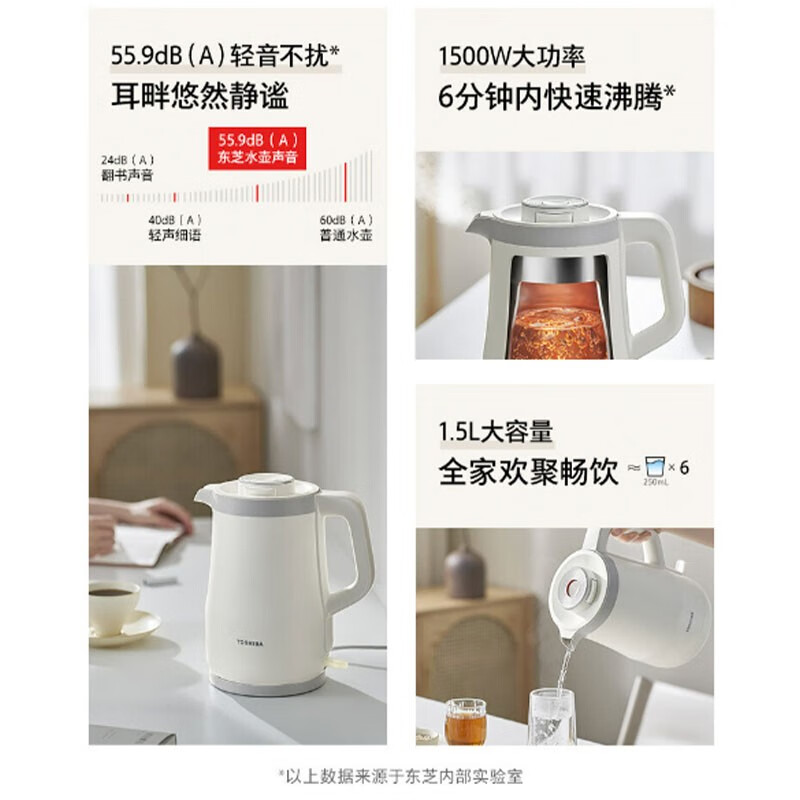 东芝（TOSHIBA）电热水壶 进口Strix温控器316不锈钢母婴级食品级家用1.5L保温开水烧水壶双层防烫安全倾倒防漏水 1.5L 【水物语丨白色】15DRSC