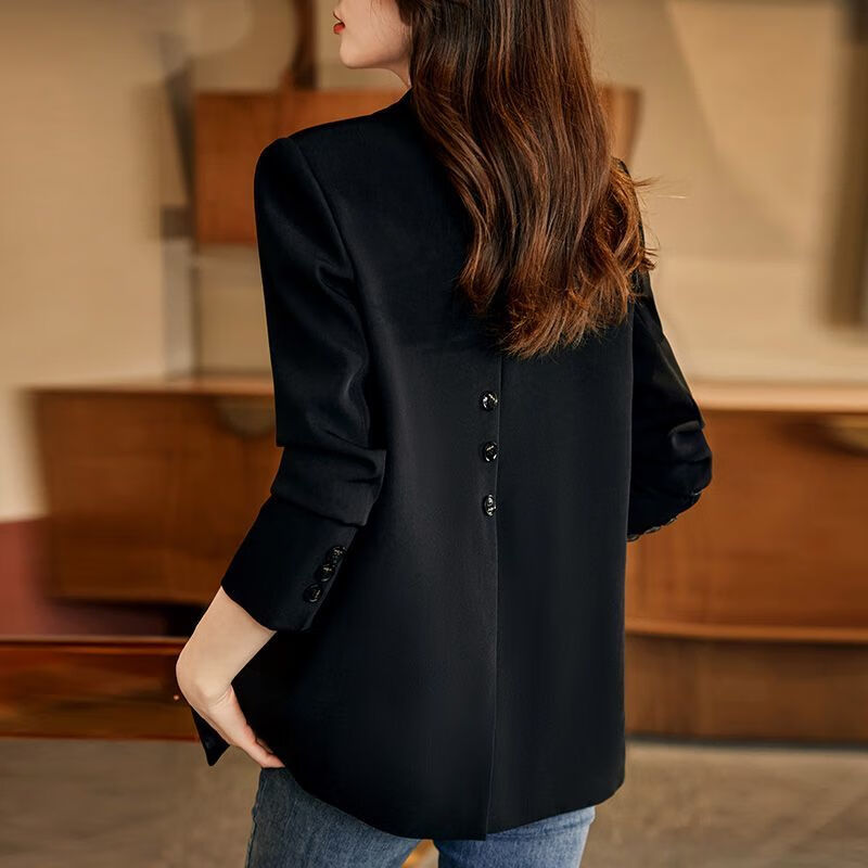 分袖显瘦夏天穿的西装外套女2023春秋新款韩版宽松纯 黑色 三粒扣西服