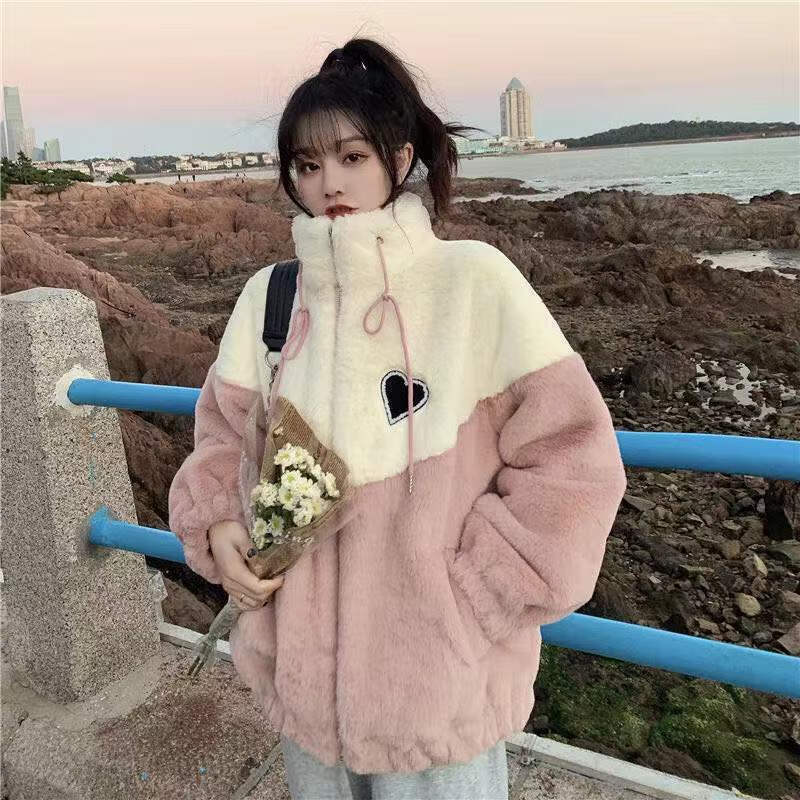 妃趣猫青少女生风衣青少年秋天十几岁高中女孩羊羔毛爱心外套少女冬季