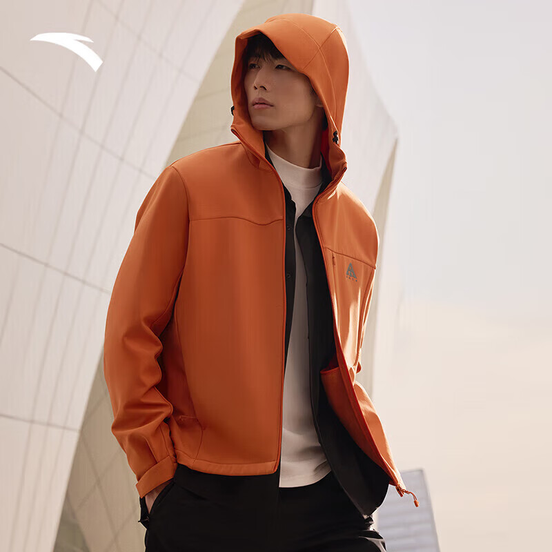 安踏（ANTA）火壳软壳衣丨大地之壳2.0运动外套男冬季耐磨加绒保暖连帽夹克 赤茶橙-6 2XL （/185）