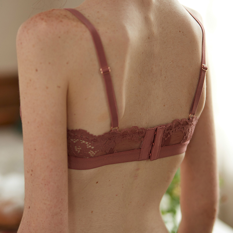 弗利少女抹胸式法式蕾丝内衣女无钢圈性感超薄透气文胸小胸夏季 豆沙红-套装【内裤可备注尺码】 M (适合75AA/A/B)