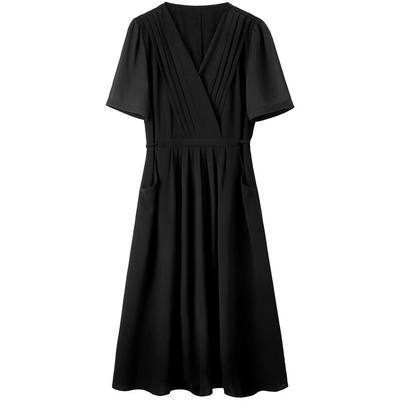 尚都比拉夏季优雅气质女神范V领腰带收腰显瘦连衣裙女中长款裙子 黑色 XL 