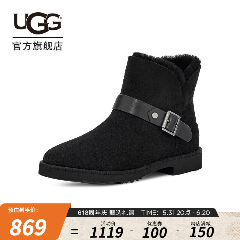 UGG冬季女士休闲舒适经典平底搭扣款迷你短靴雪地靴 1132993 BLK | 黑色 36