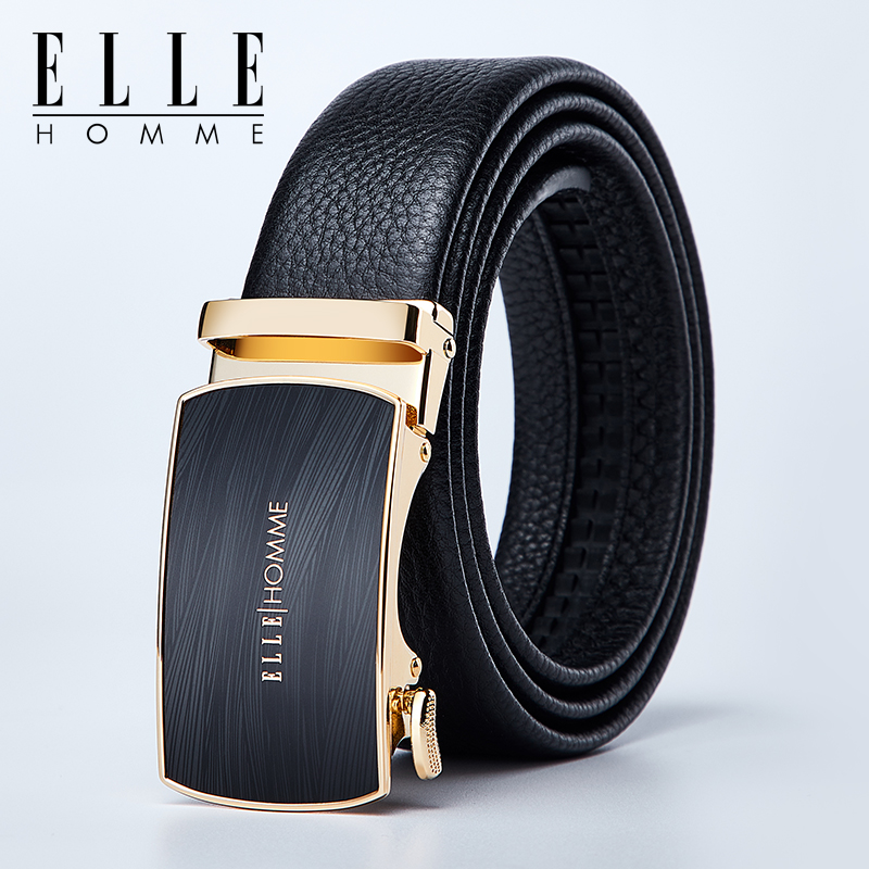 ELLE HOMME法国品牌男士皮带男自动扣真皮腰带牛皮裤带情人节礼物送男友老公 【橙色礼盒】902045时尚金色 115cm -130cm随机发(可修剪）