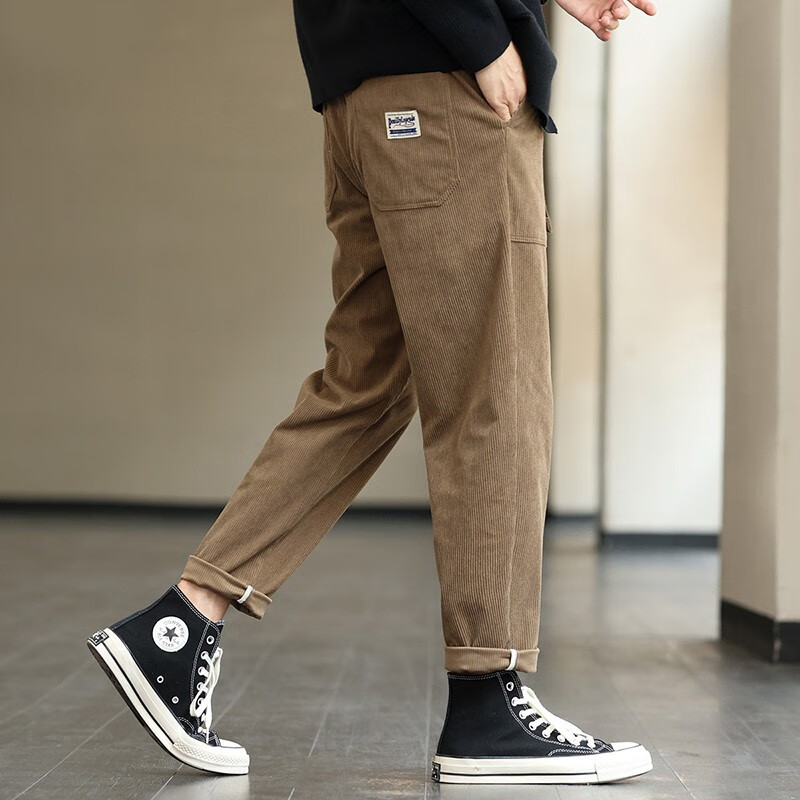 布衣传说【灯芯绒质感】搭扣腰带立体贴袋松紧腰针织九分小锥裤男式休闲裤 卡其 XL