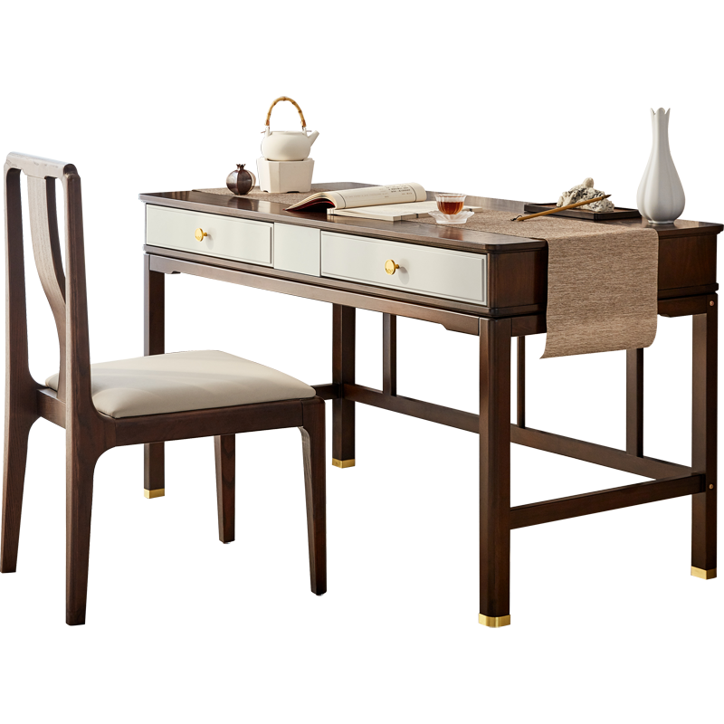 林氏木业新中式实木书桌椅子书房家具套装组合轻奢书画桌子KJ1V【乌檀色】KJ1V-A书桌+KJ1W-A书椅