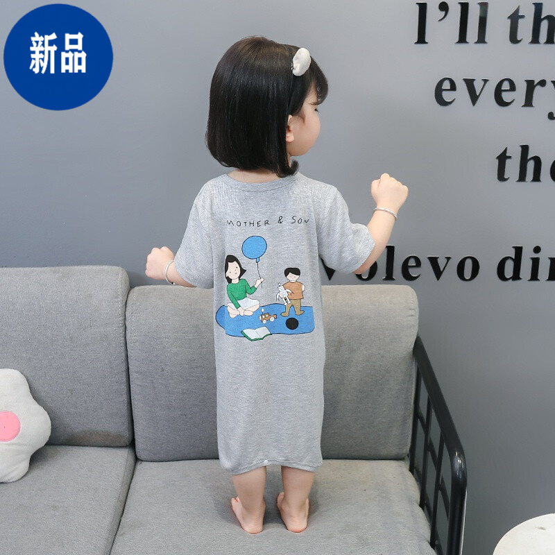 迪士尼（Disney）嬰兒連體衣夏季款短袖睡裙男女寶寶莫代爾睡衣男童家居空調服小孩 灰色 早安短袖 110碼(建議4-5歲中童版)