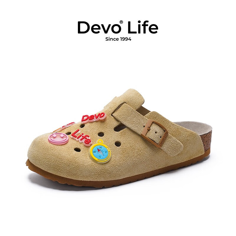 Devo Life的沃包头软木鞋女士凉拖鞋夏季透气拖鞋可爱女生外穿洞洞鞋 22002 浅米黄反绒皮 38