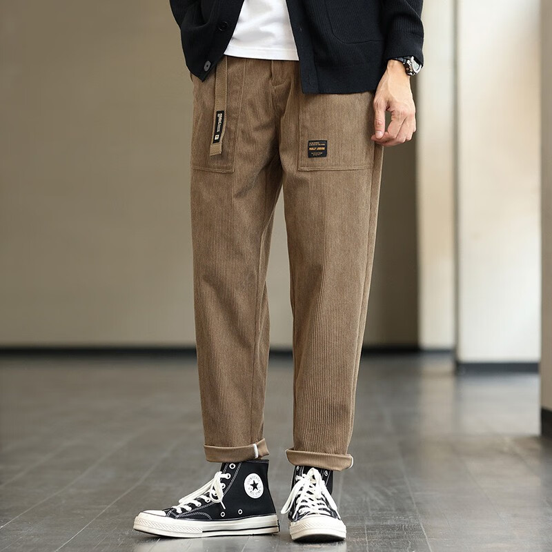 布衣传说【灯芯绒质感】搭扣腰带立体贴袋松紧腰针织九分小锥裤男式休闲裤 卡其 XL