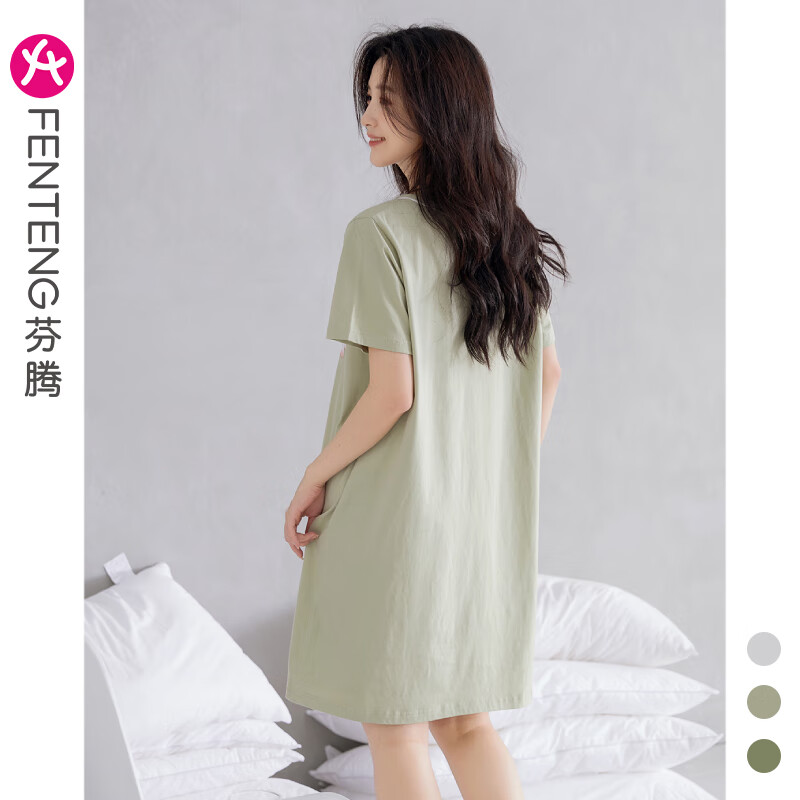 芬腾睡裙女夏纯棉短袖圆领可爱睡衣薄款大码全棉家居服连衣裙短裙 X98424806草绿 XL 建议:125-145斤