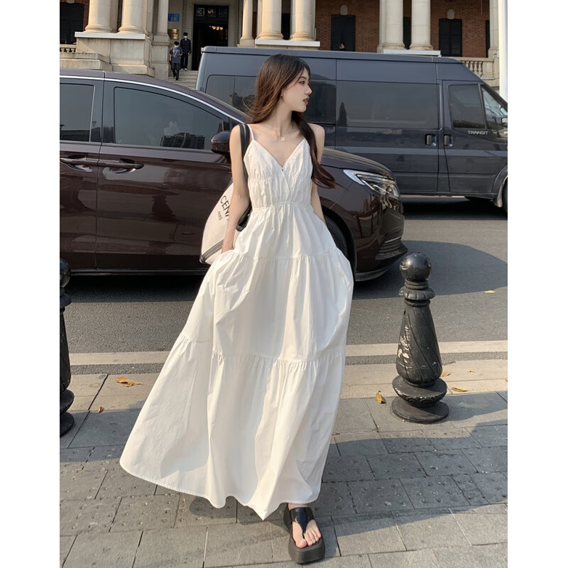 恋若诗胖mm梨形身材微胖女生穿搭连衣裙夏蓝汐雨白色度假旅游沙滩裙大