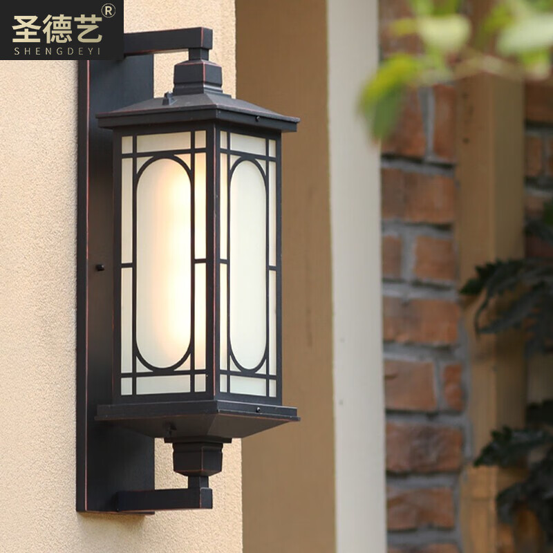 圣德艺 户外壁灯防水大门庭院灯 中式室外阳台过道别墅走廊LED墙壁灯 黑色长虹阁楼壁灯配15瓦LED灯泡 默认暖光