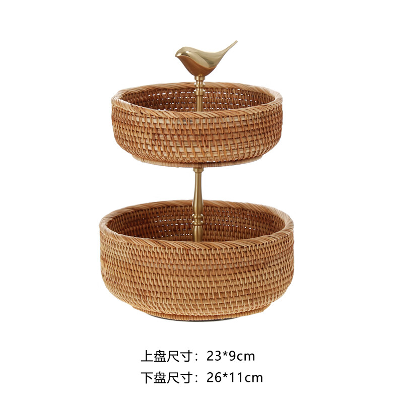 阿马福云北欧轻奢复古花边竹编现代金色黄铜双层果篮家用糖果干果零食