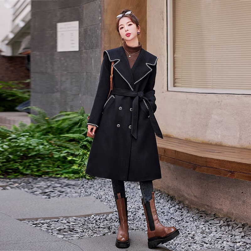 汇努特毛呢服女款冬季年新款欧货时尚中长款过膝白鸭绒风衣外套 图片