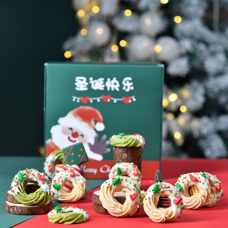 圣诞节零食 圣诞节礼品 糖霜花环抹茶曲奇 装饰饼干 网红小包装零食