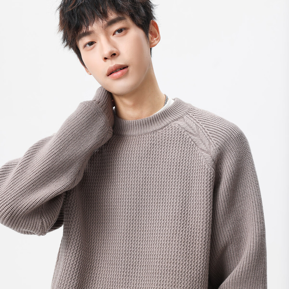 布衣传说 慵懒网波绞花 秋冬款粗针毛衣男士宽松针织衫毛线衣服潮 花灰 XL