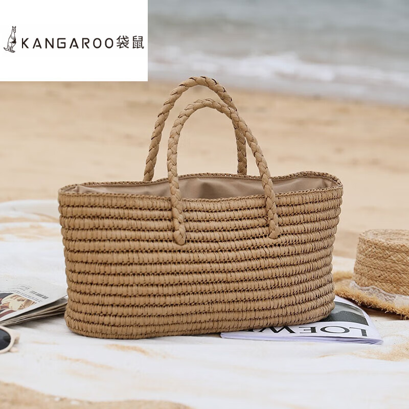 袋鼠（KANGAROO）新款草编包手工草包编织包手提菜篮子女包大容量海边度沙滩包 默认颜色分类