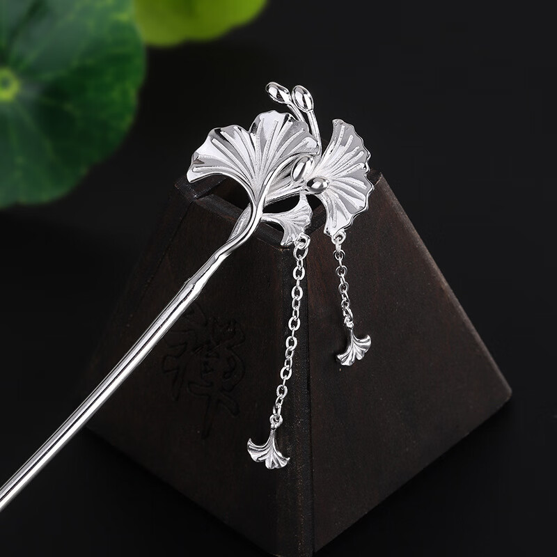 千宝莱990足银杏叶流苏发簪发钗女复古民族风古装汉服盘发银发饰 足银