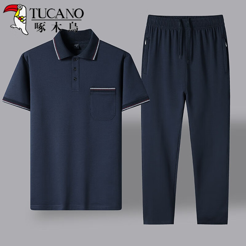 啄木鸟夏季中老年休闲运动套装男40到50岁纯棉短袖短裤夏天一整套爸爸