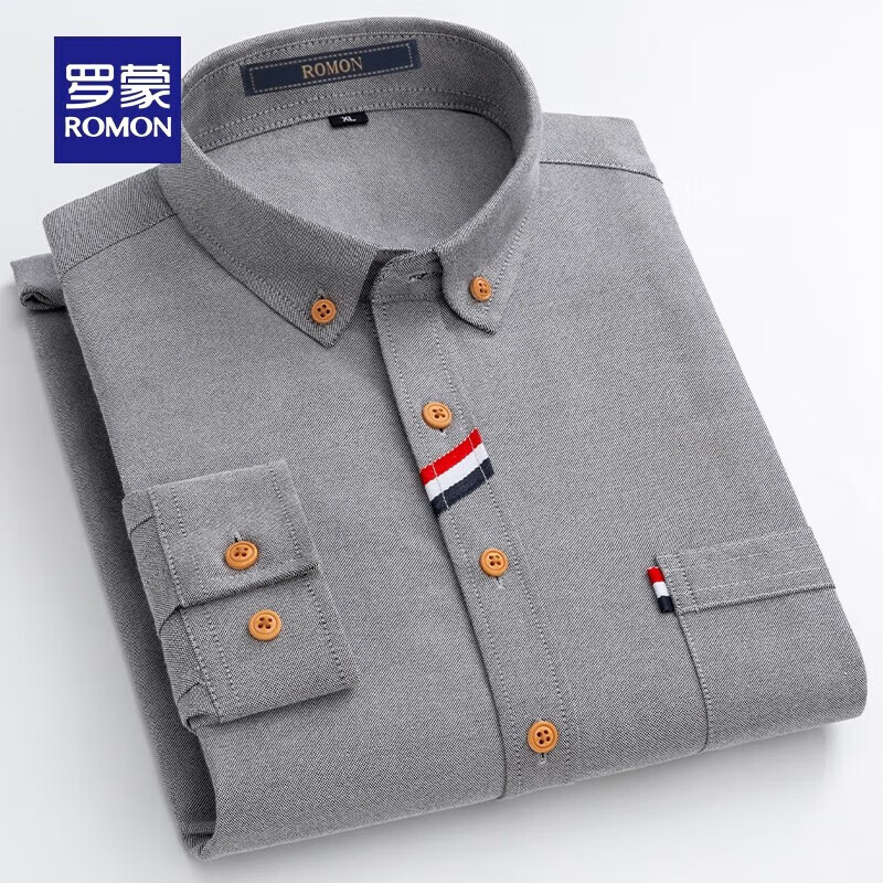 罗蒙（ROMON）男士长袖衬衫春秋款时尚百搭纯色翻领衬衣男商务通勤上衣男 灰色 L 175