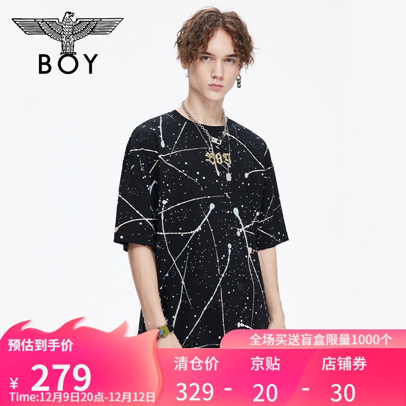 boylondon官网2021秋冬新品蜡笔刷满印宽松短袖t恤男t恤女304302 黑色 L