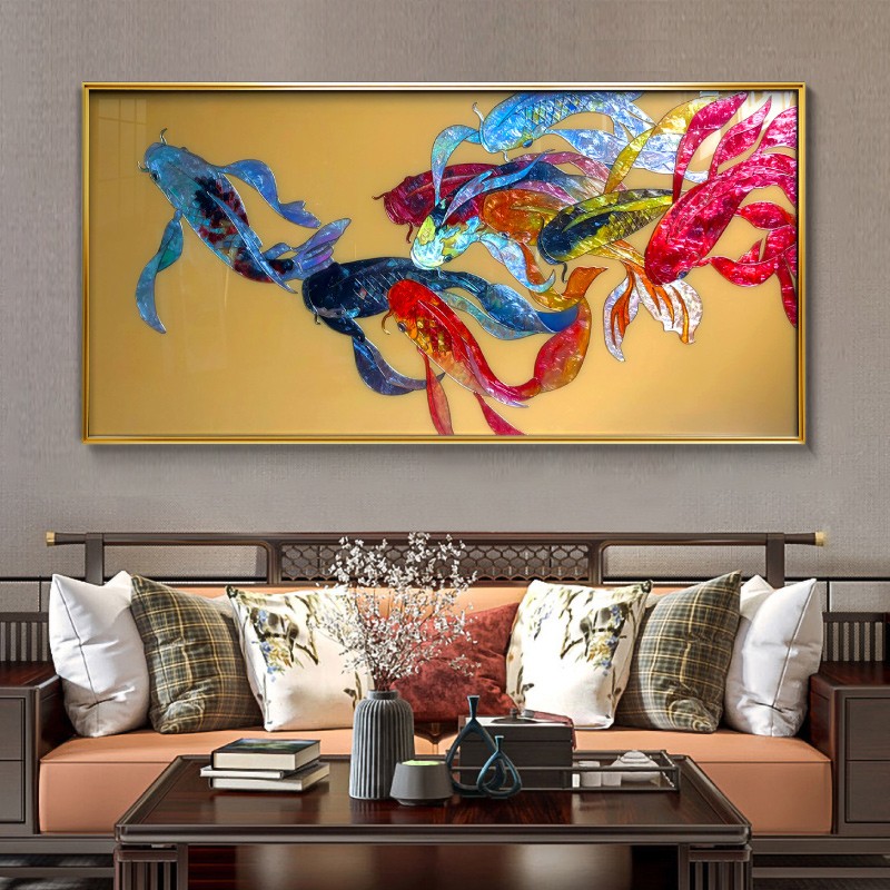 画龙 珐琅彩客厅装饰画沙发背景墙挂画入户玄关壁画现代轻奢立体九鱼