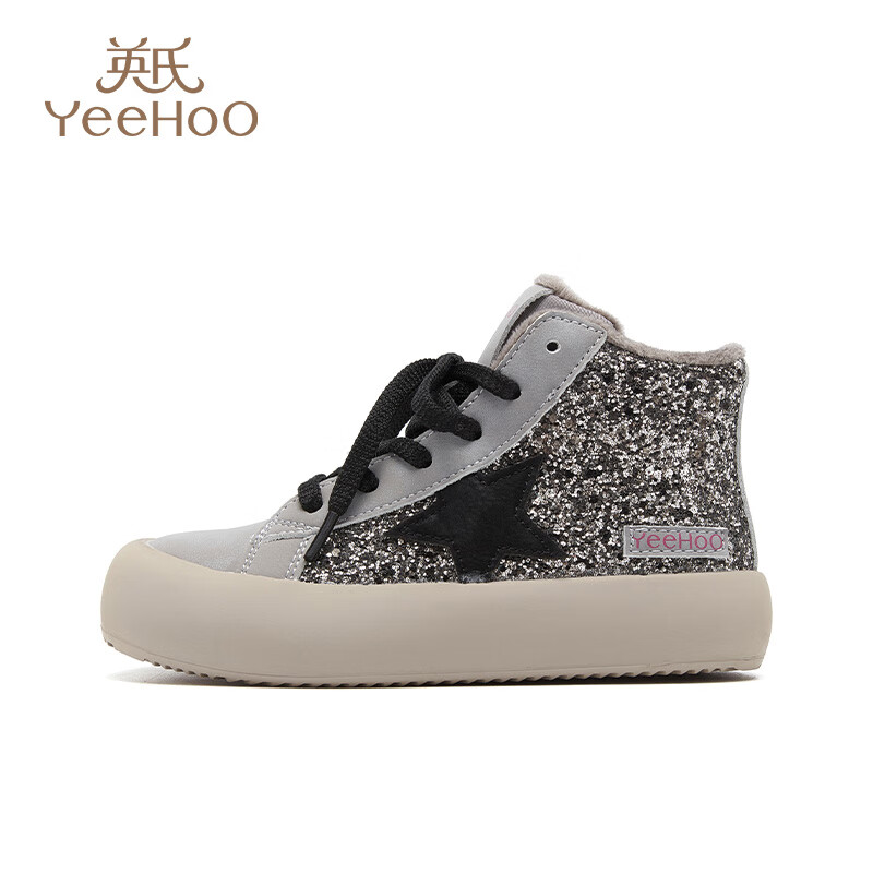 英氏（YEEHOO）童鞋儿童秋冬季轻便加绒保暖软底帆布鞋中大童运动鞋子板鞋男女童 银色 33