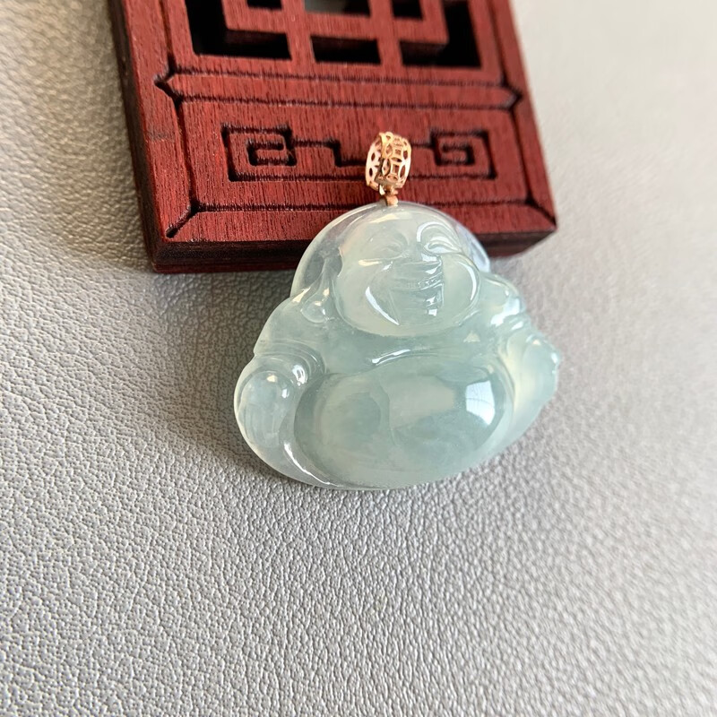 匠石之渊 天然a货冰种佛公翡翠吊坠 18k玫瑰金镶嵌扣头伴钻笑佛项链坠