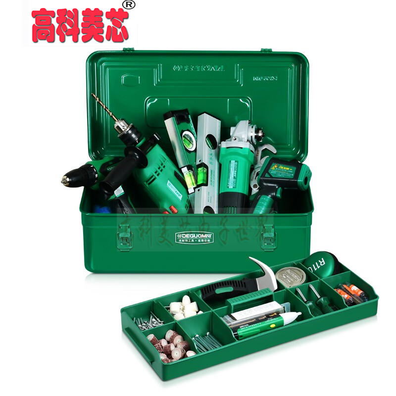 云野  耐特金属五金工具箱 收纳箱 手提式多功能 工具铁皮箱子 工人大空间工具盒子 绿色加厚铁皮工具箱(有隔层)MNT95121