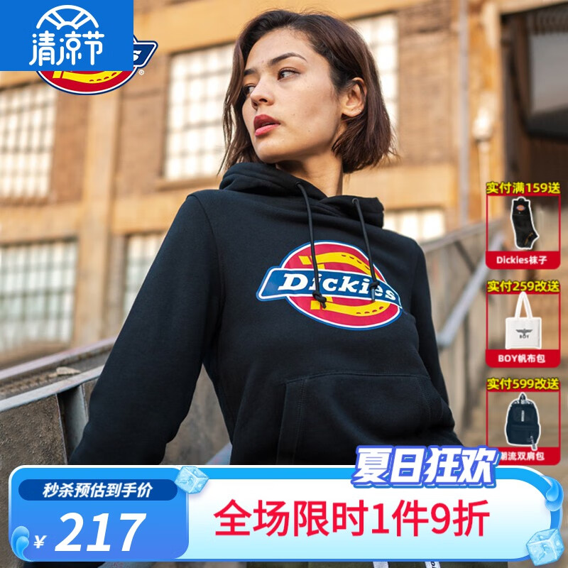 Dickies卫衣女迪凯斯官方帝克Logo印花连帽卫衣情侣女士全棉休闲套头帽 BK黑色/情侣款偏宽松 S