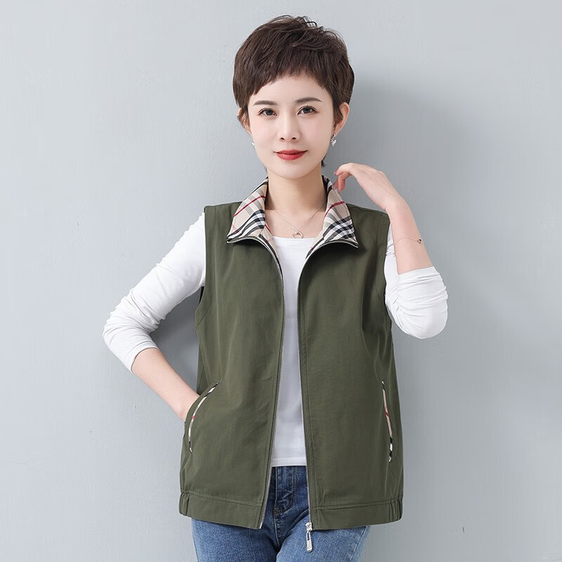 玛妍妮 马甲女春秋薄款纯棉马夹外穿背心中年休闲百搭坎肩 军绿 l(105