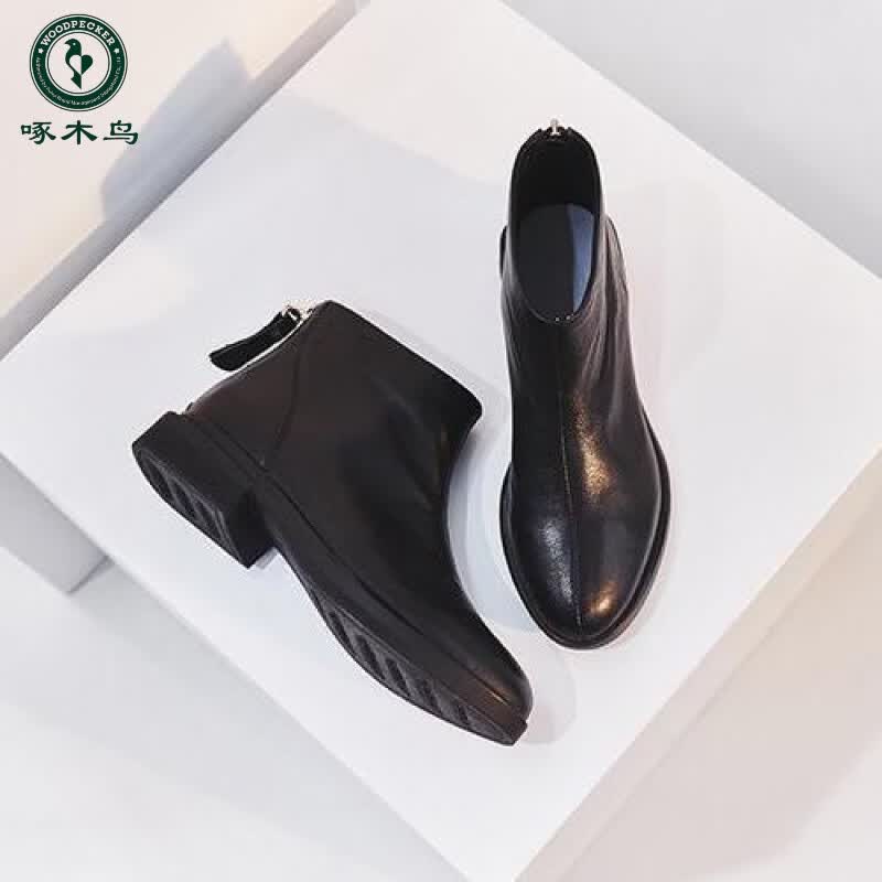 啄木鸟软皮切尔西短靴女秋冬季2023新款白色潮马丁小跟ins网红女靴 黑色【加绒】 38怎么看?