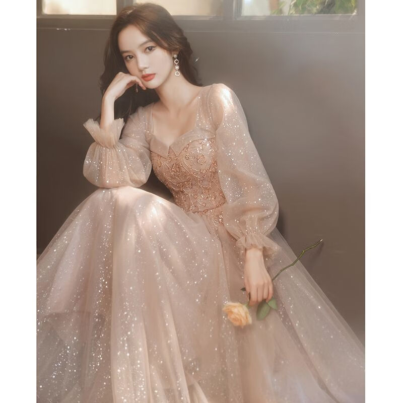 韋戒禮服女宴會晚禮服高檔微胖長袖晚2024新款氣質長款香檳色輕奢小眾 藕粉色綁帶中長款 M