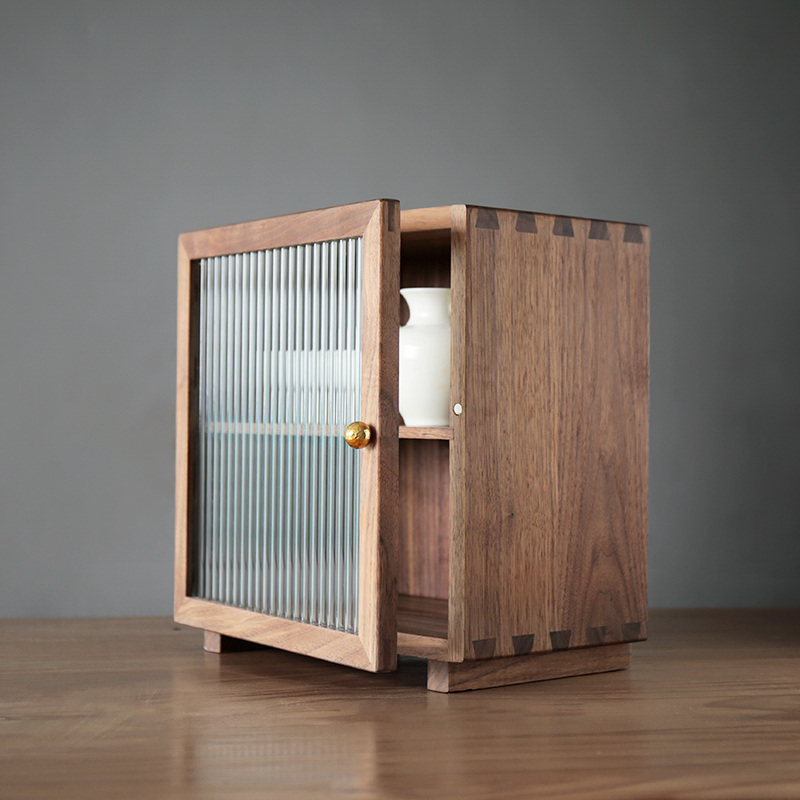 木上 黑胡桃实木桌面收纳柜 茶具展示柜子厨房水杯置物架防尘储物柜