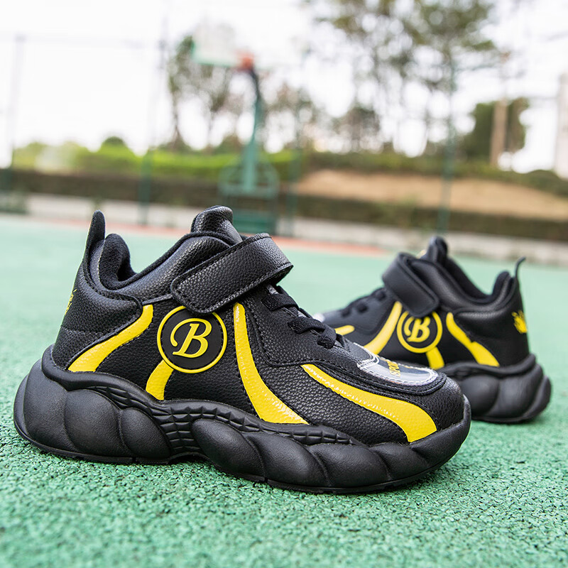 贝天熊童鞋秋冬款男女童休闲鞋学生中大童轻便耐磨运动鞋 BT19016黑黄【革面】 29码 内长18.4/脚17.4