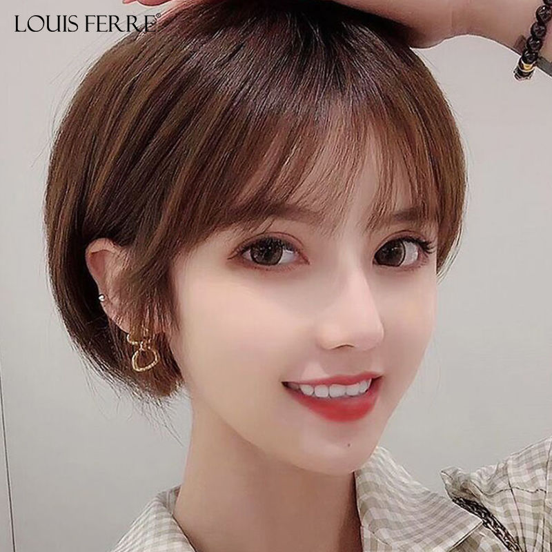 假发 女 短发圆脸帅气自然少女修脸真人发丝全头套式假发女短发网红