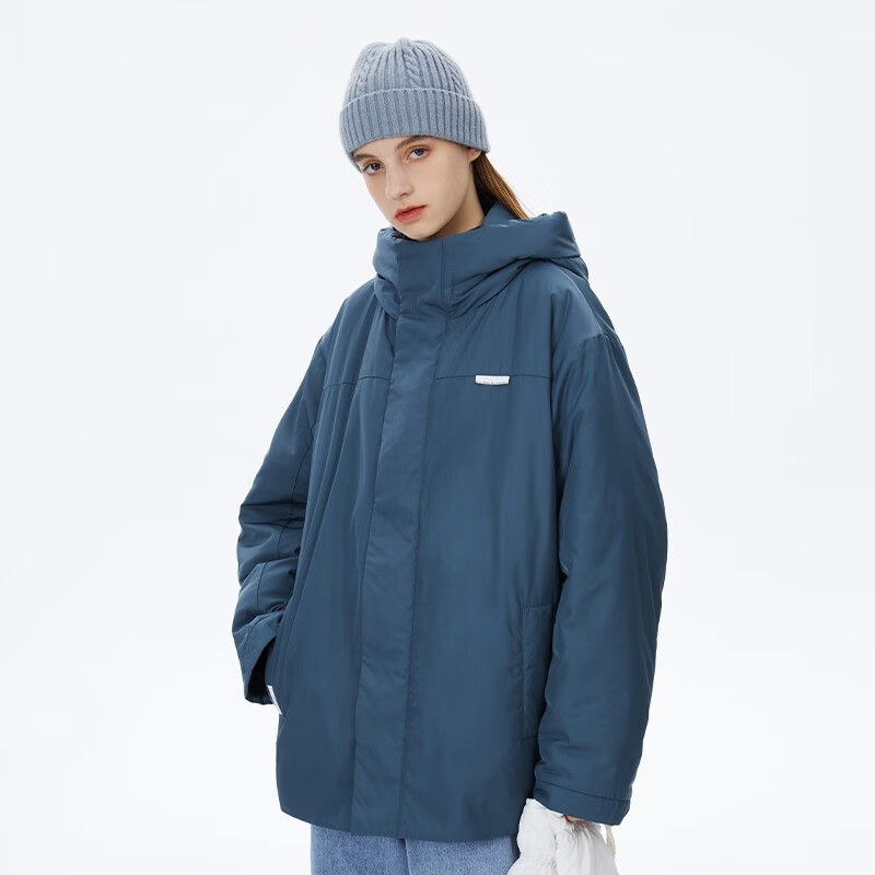 pso brand基础款纯色夹棉连帽外套男潮牌棉服冬季棉衣情侣装棉袄 蓝色