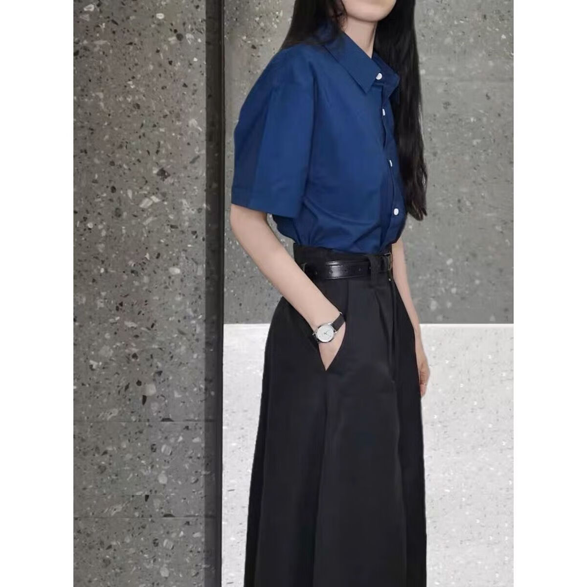 蓝色上衣 黑色裙子套装(腰带) s
