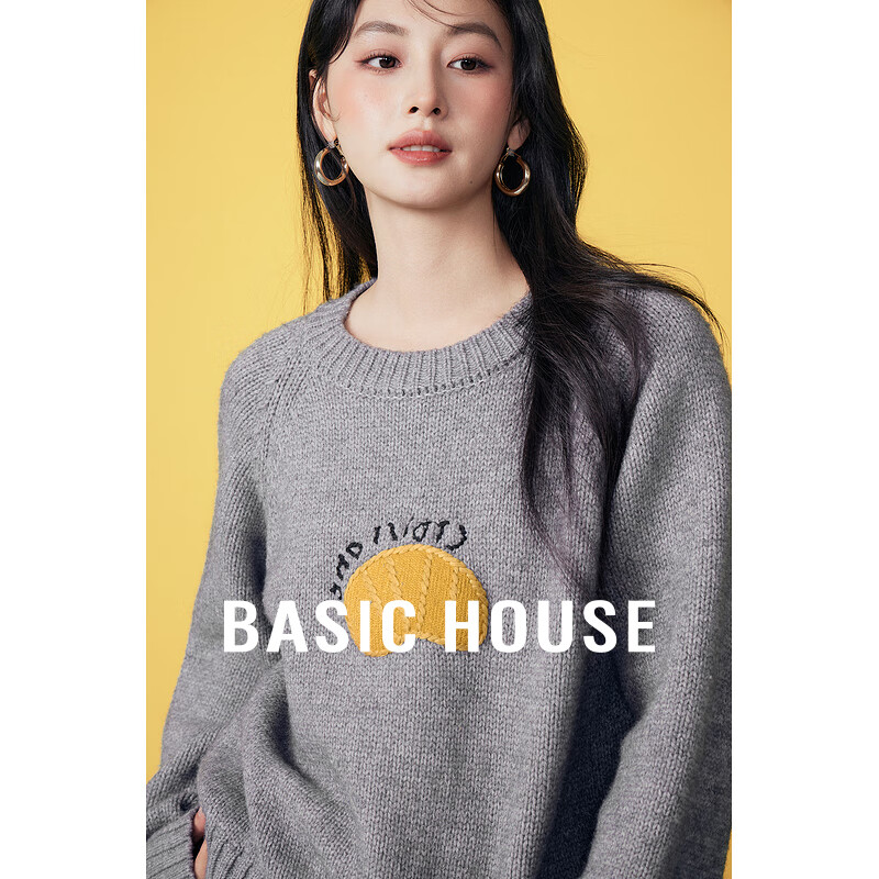 Basic House/百家好橘子刺绣圆领毛衣插肩袖套头加厚针织上衣秋冬 灰色 L