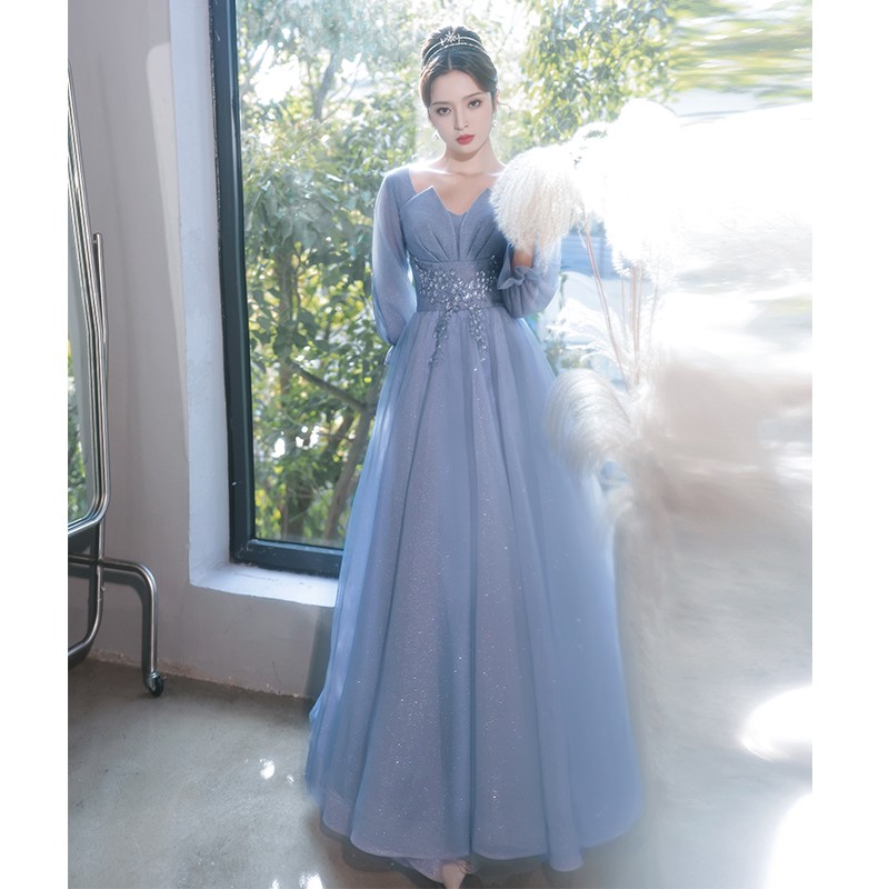 塞德勒蓝色晚礼服裙女宴会气质轻奢小众高端高级感仙气声乐艺考年会主持 蓝色长款长袖 XXXL怎么样,好用不?